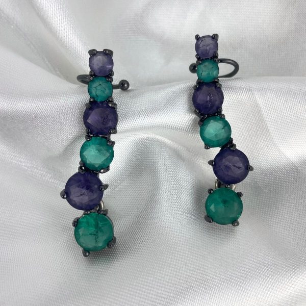 Brinco EarCuff Ródio Negro Com Pedras Roxa e Verde - Imagem 2