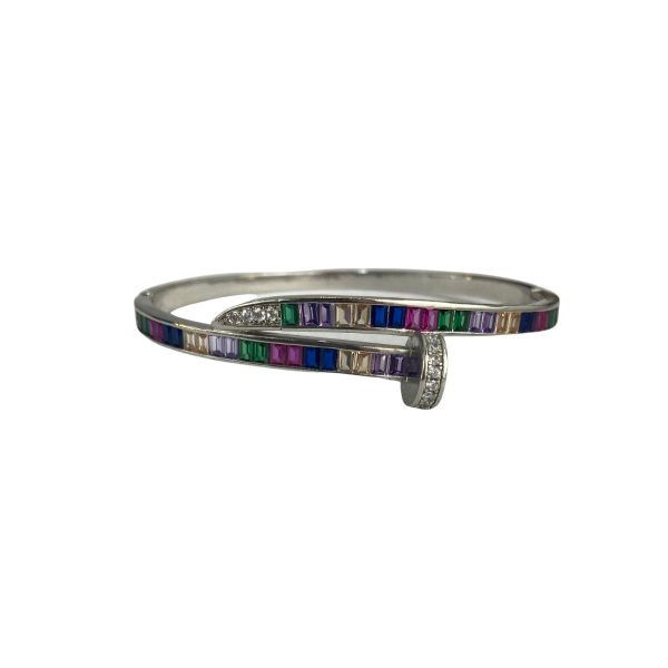 Bracelete Prateado formato de prego com pedras coloridas semijoia