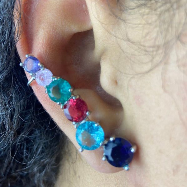 Brinco EarCuff Prateado Com Coloridas