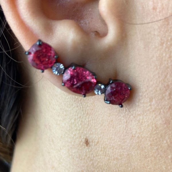 Brinco Ródio Negro Com Pedras Rosas - Imagem 3