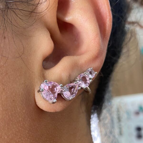 Brinco EarCuff Pedra Transparente Rosa Prateado