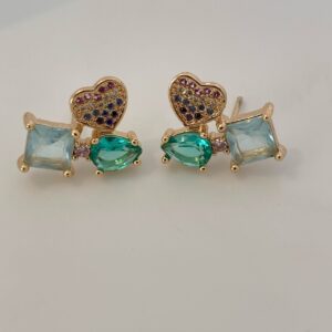 Brinco Pedras Coloridas e Coração Cravejado